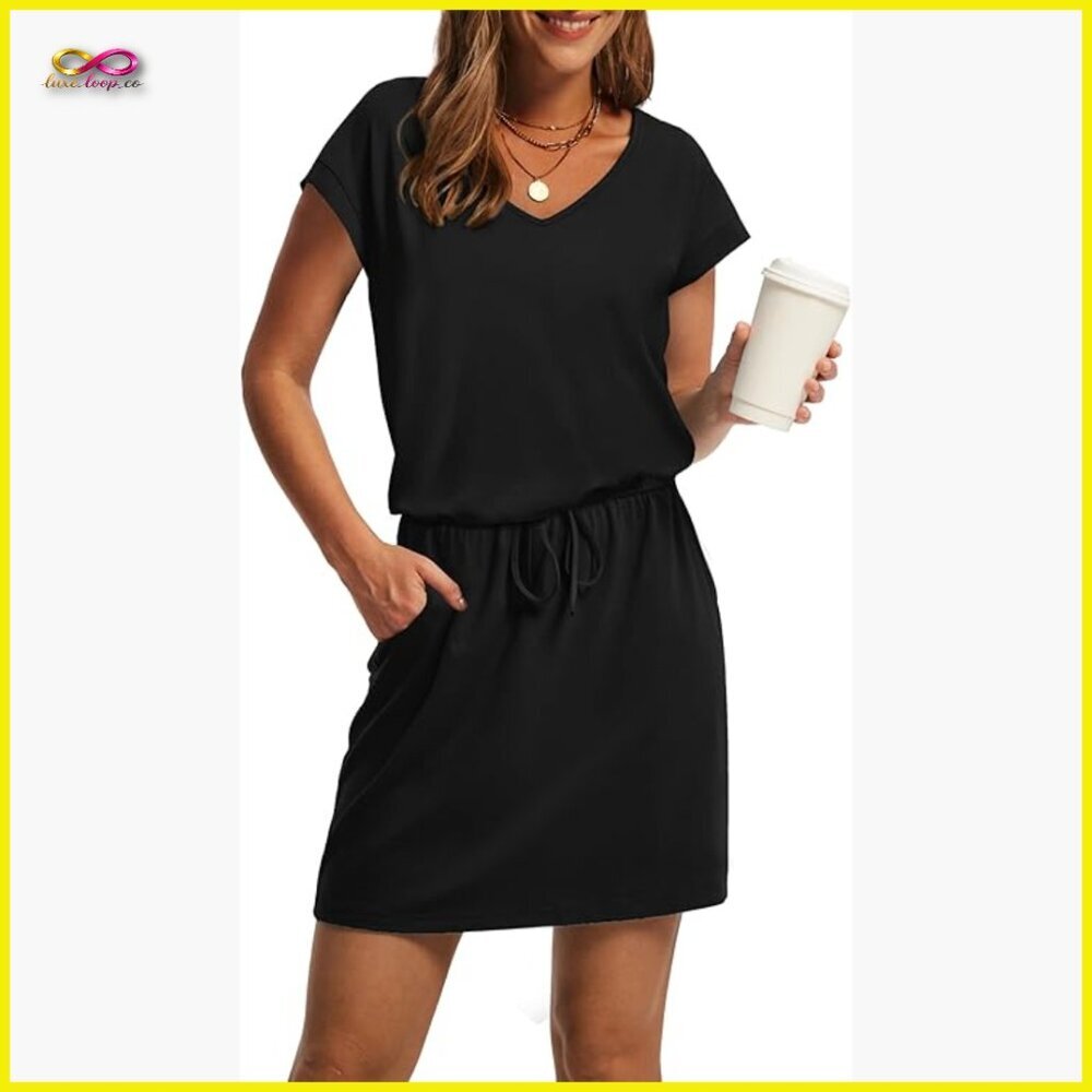 V-Neck T-Shirt Dress Casual Mini Sundress Tie Waist Pockets Summer Chic
